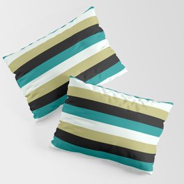 [ Thumbnail: Dark Cyan, Mint Cream, Dark Khaki & Black Colored Stripes Pattern Pillow Sham ]