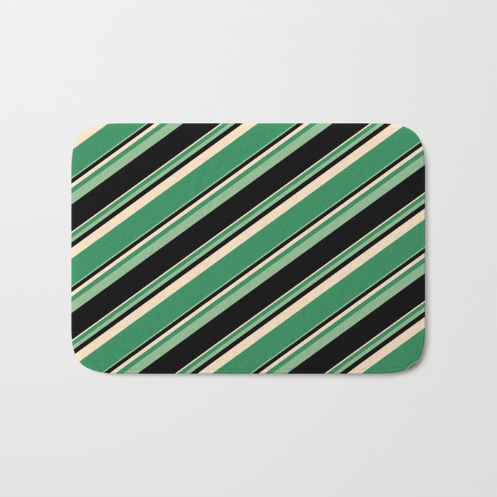 Bisque, Sea Green, Dark Sea Green, and Black Colored Lined Pattern Bath Mat
