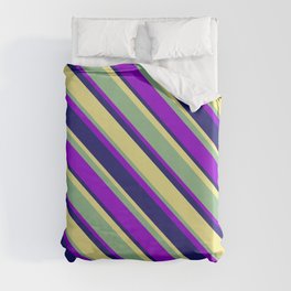 [ Thumbnail: Dark Sea Green, Dark Violet, Midnight Blue, and Tan Colored Lines Pattern Duvet Cover ]