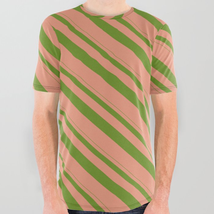 Green & Dark Salmon Colored Lines/Stripes Pattern All Over Graphic Tee