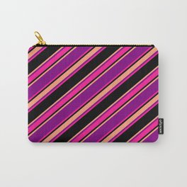 [ Thumbnail: Purple, Deep Pink, Black & Light Salmon Colored Striped Pattern Carry-All Pouch ]