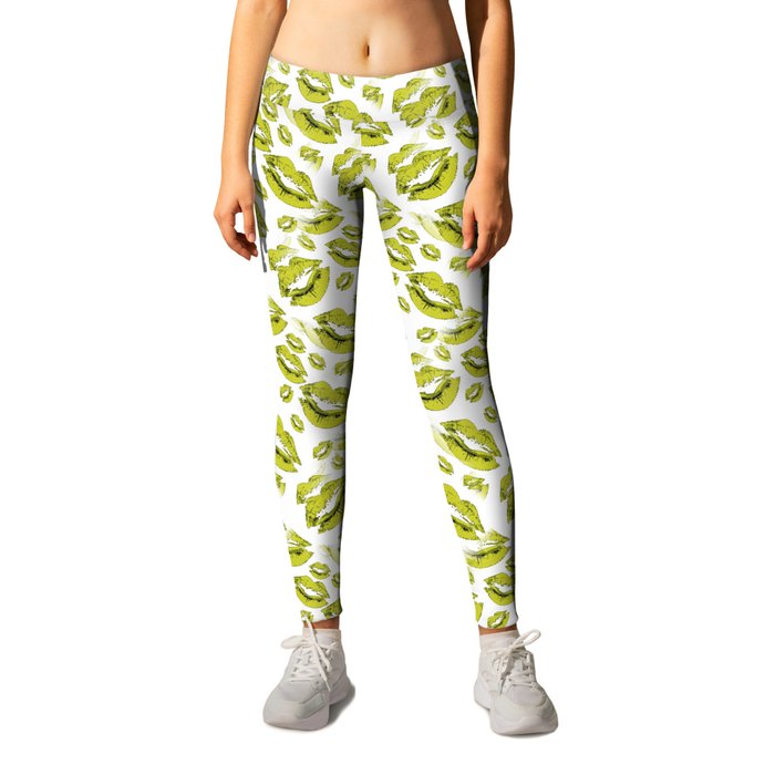 Two Kisses Collided Olive Green Lips Pattern On White Background Leggings