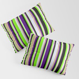 [ Thumbnail: Eyecatching Indigo, Tan, Lavender, Green & Black Colored Lines/Stripes Pattern Pillow Sham ]