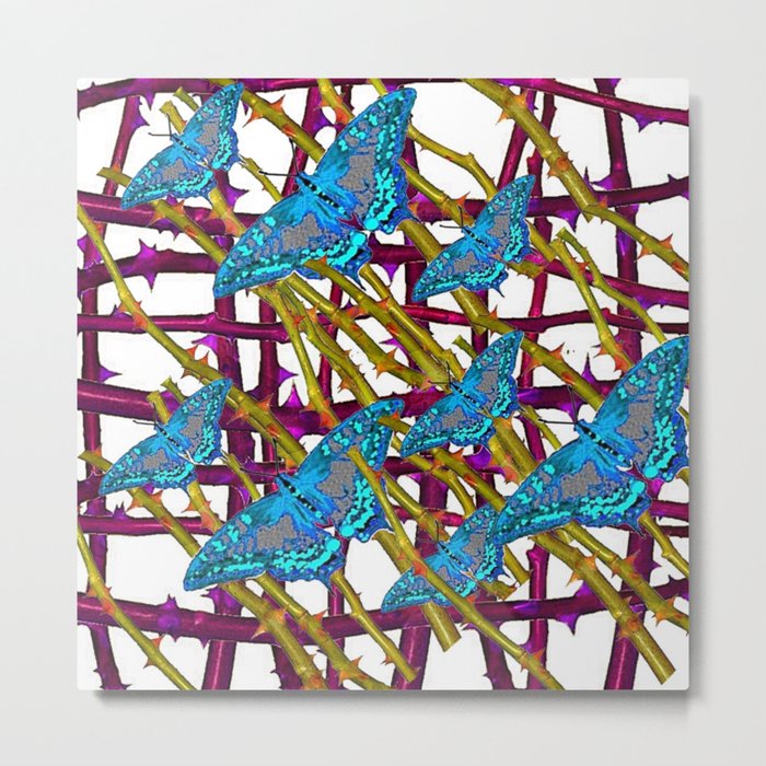 BLUE MOTHS ON ABSTRACT PURPLE THORN BRANCHES Metal Print