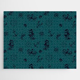 Teal Blue And Blue Silhouettes Of Vintage Nautical Pattern Jigsaw Puzzle