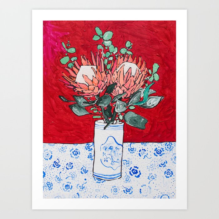Delft Bird Vase of Proteas on Red Art Print