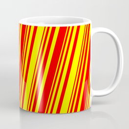 [ Thumbnail: Red and Yellow Colored Lined/Striped Pattern Coffee Mug ]