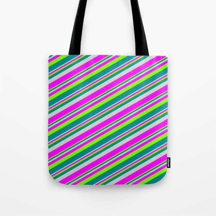 Light Grey, Fuchsia, Green, and Dark Cyan Colored Lines/Stripes Pattern Tote Bag