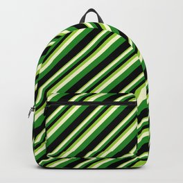 [ Thumbnail: Green, Light Yellow, Forest Green & Black Colored Stripes Pattern Backpack ]