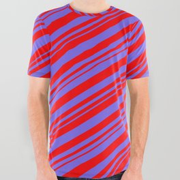 [ Thumbnail: Medium Slate Blue and Red Colored Lined Pattern All Over Graphic Tee ]