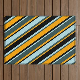 [ Thumbnail: Powder Blue, Dark Slate Gray, Orange & Black Colored Lined/Striped Pattern Outdoor Rug ]
