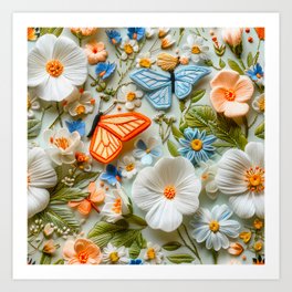 Embroidered flowers and butterflies Art Print