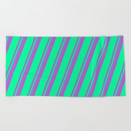[ Thumbnail: Orchid and Green Colored Lined/Striped Pattern Beach Towel ]