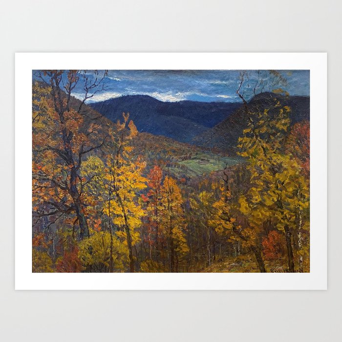 Autumn mountain vista twilight alpine birch and aspen foliage landscape painting by John Joseph Enneking Art Print