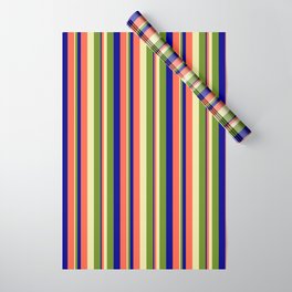 [ Thumbnail: Pale Goldenrod, Green, Dark Blue & Red Colored Stripes/Lines Pattern Wrapping Paper ]