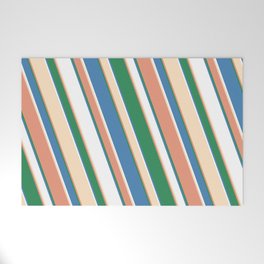 [ Thumbnail: Eye-catching Dark Salmon, Sea Green, Blue, White, and Bisque Colored Stripes Pattern Welcome Mat ]