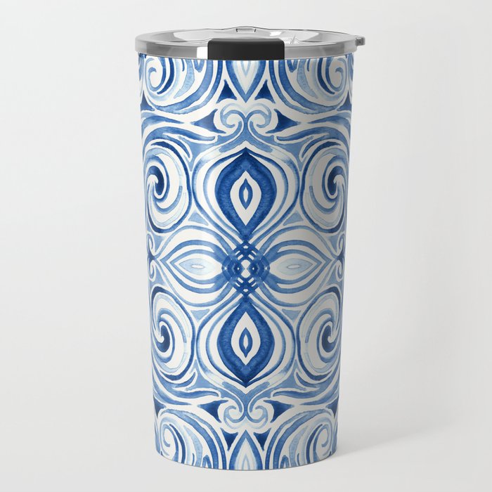 Indigo Blue Watercolor Swirl Pattern Travel Mug