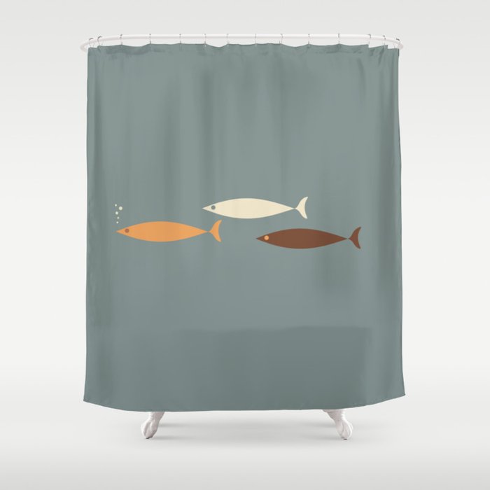 Fish Trio Minimalist Mid Century Slate Blue Orange Brown Cream Shower Curtain By Kierkegaard Design Studio Society6