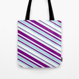 [ Thumbnail: Purple, Powder Blue, and Mint Cream Colored Lined/Striped Pattern Tote Bag ]