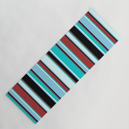 [ Thumbnail: Brown, Dark Turquoise, Light Cyan, Sky Blue, and Black Colored Lines/Stripes Pattern Yoga Mat ]