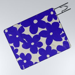 Groovy Eclectic Flowers in Navy Blue Picnic Blanket