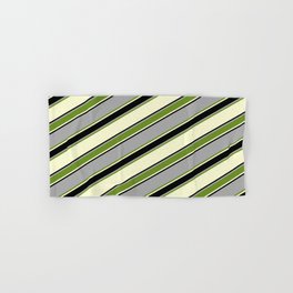 [ Thumbnail: Dark Grey, Green, Light Yellow, and Black Colored Lined Pattern Hand & Bath Towel ]