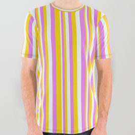 [ Thumbnail: Violet, Yellow, and Mint Cream Colored Lines Pattern All Over Graphic Tee ]