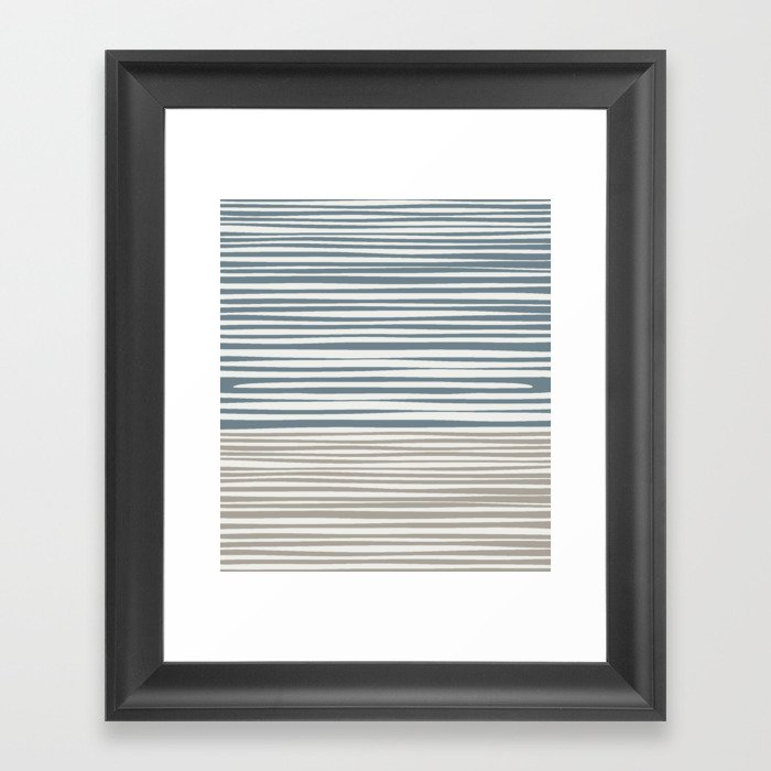 Natural Stripes Modern Minimalist Colour Block Pattern in Neutral Blue Grey and Taupe  Framed Art Print