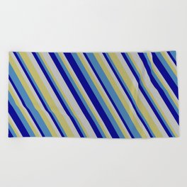 [ Thumbnail: Dark Khaki, Blue, Dark Blue & Grey Colored Lines/Stripes Pattern Beach Towel ]