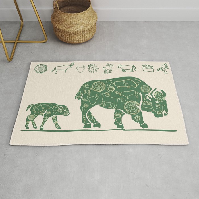 Mom and Baby Bison Silhouettes with Petroglyphs in Green and Cream Rug