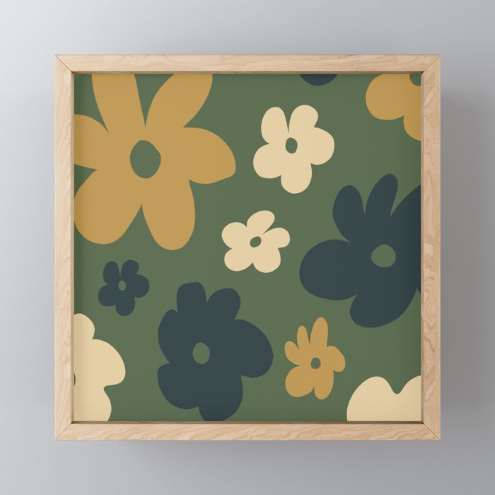 Retro Flowers - Green Framed Mini Art Print