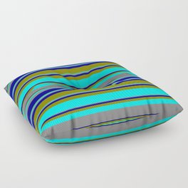 [ Thumbnail: Green, Cyan, Grey, and Dark Blue Colored Striped Pattern Floor Pillow ]