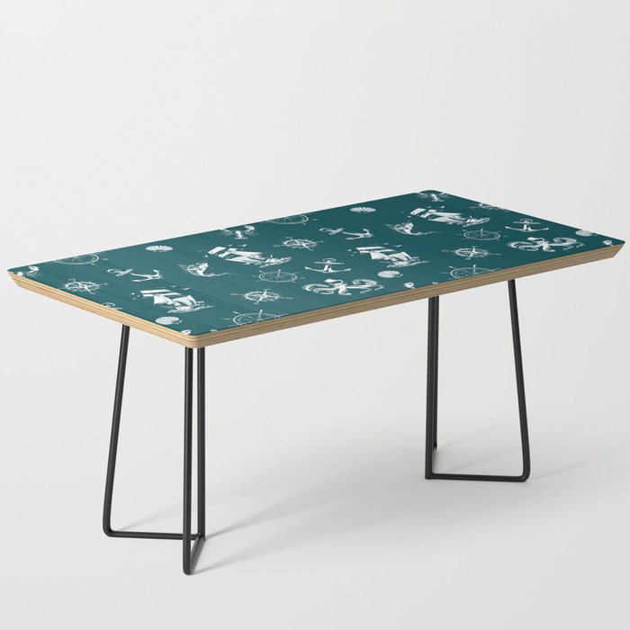 Teal Blue And White Silhouettes Of Vintage Nautical Pattern Coffee Table