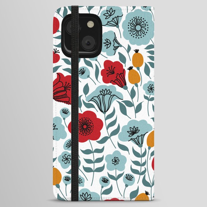 Red & Light Blue Flowers iPhone Wallet Case