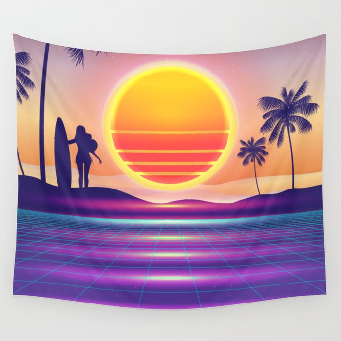 Sunset Surfing Synthwave Wall Tapestry