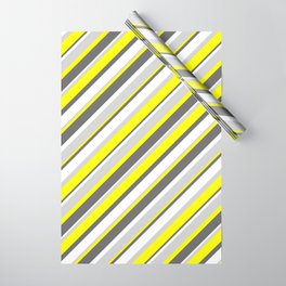 [ Thumbnail: Yellow, Dim Gray, White & Light Grey Colored Stripes Pattern Wrapping Paper ]