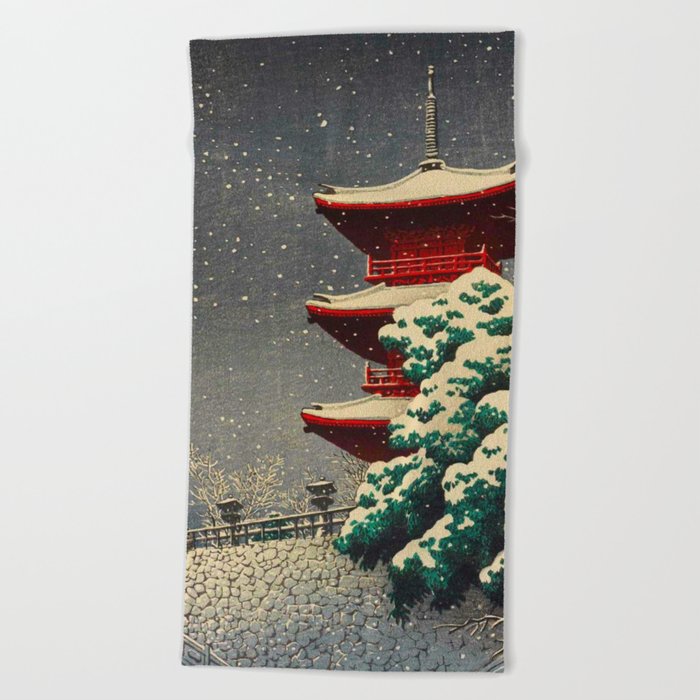 Japanese Woodblock Print Winter Snow Red Pagoda Green Tree