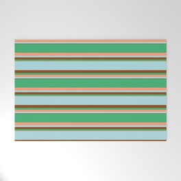 [ Thumbnail: Sea Green, Light Salmon, Powder Blue, and Brown Colored Striped/Lined Pattern Welcome Mat ]