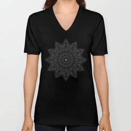 white lace mandala on black solid tshirts background V Neck T Shirt