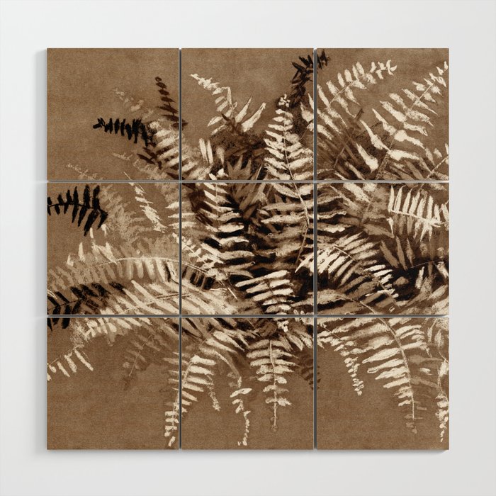 Fern, Floral Art, Forest Plants, Minimal Floral, Sepia Brown Wood Wall Art