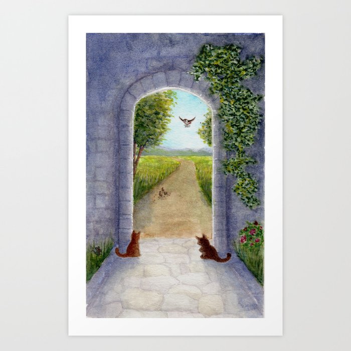 Watercolor Archway with Cats Art Print