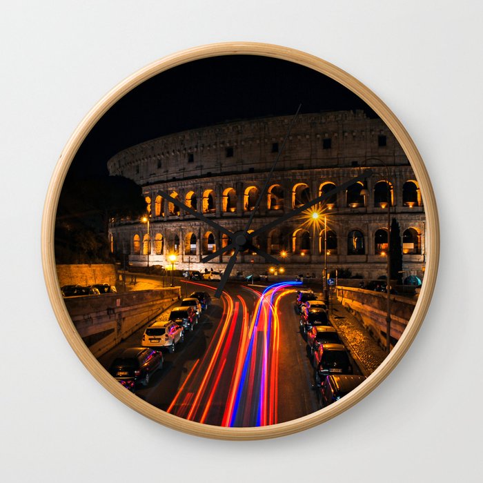 Italy Photography - Lights From Cars Passing By The Colosseum Wall Clock