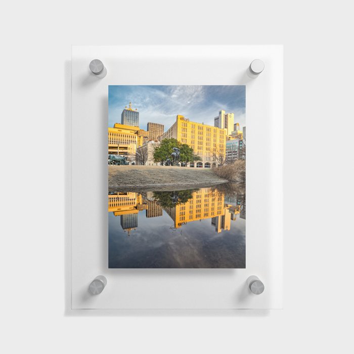 Dallas Texas Skyline On Still Waters At Pioneer Plaza Floating Acrylic Print