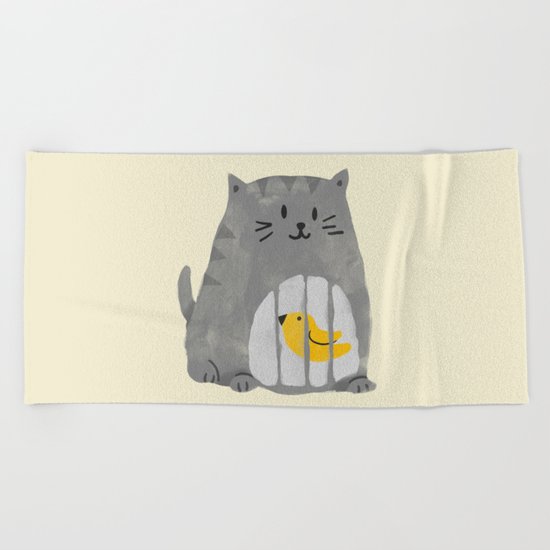 A cat that swallows a bird Beach Towel