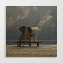 elephant and dog sit under the rain Wood Wall Art