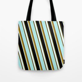 [ Thumbnail: Black, Dark Goldenrod, Turquoise & Mint Cream Colored Lined Pattern Tote Bag ]
