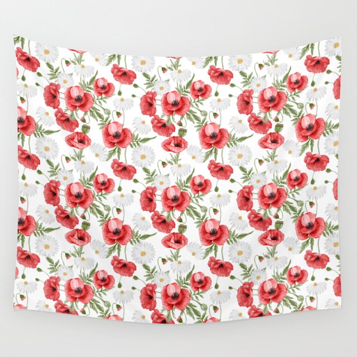 Daisy and Poppy Seamless Pattern Wall Tapestry
