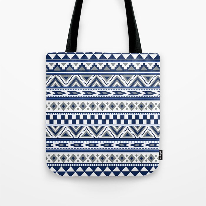 Tribal Art Pattern Navy Blue Silver White Tote Bag