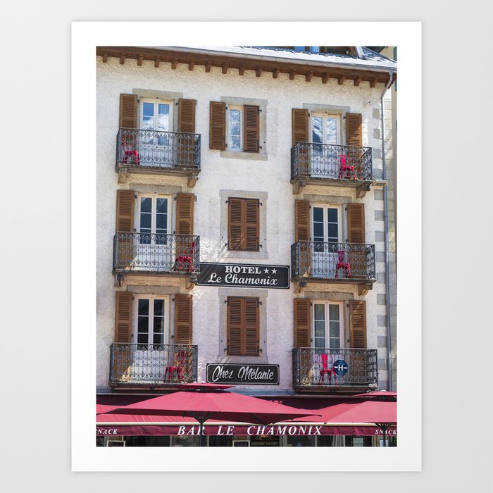 Hotel Chamonix - Street photography - balconies and red chairs - travel photography Art Print