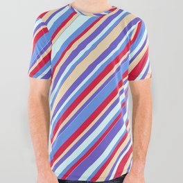 [ Thumbnail: Colorful Tan, Slate Blue, Light Cyan, Cornflower Blue & Crimson Colored Stripes Pattern All Over Graphic Tee ]